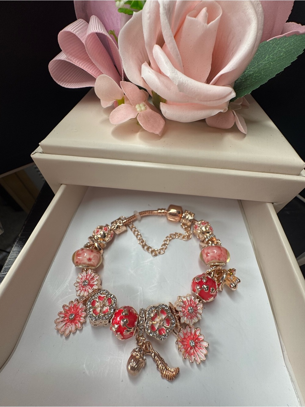 Charm Bracelet for Women - Pink Floral Beads and Gold Accents